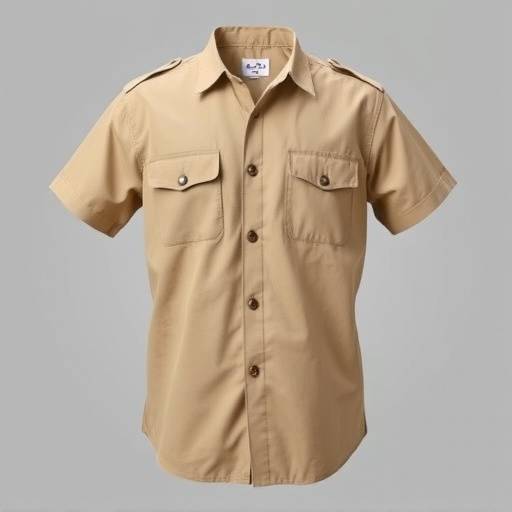 Camisa de manga curta cor caqui, estilo safari.