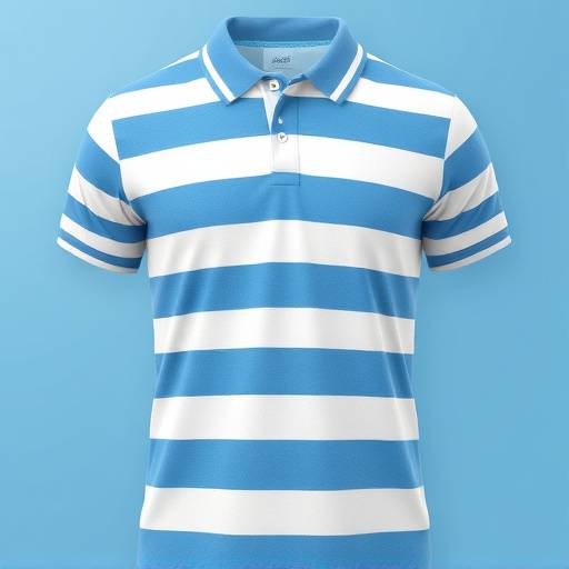 Camisa polo listrada em azul e branco, manga curta.